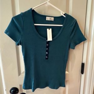 NWT T.La Ribbed Henley Top Anthropologie Turquoise Sz XS